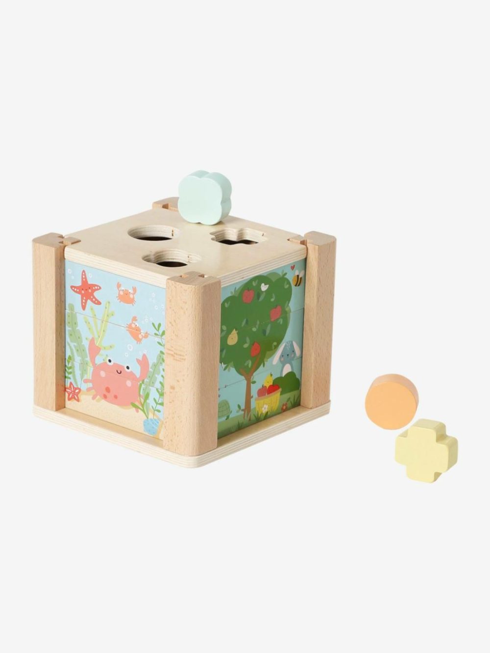 2-In-1 Activity Cube In Fsc® Wood: Puzzles & Shapes To Sort & Fit Baby & Pre-School Toys Green