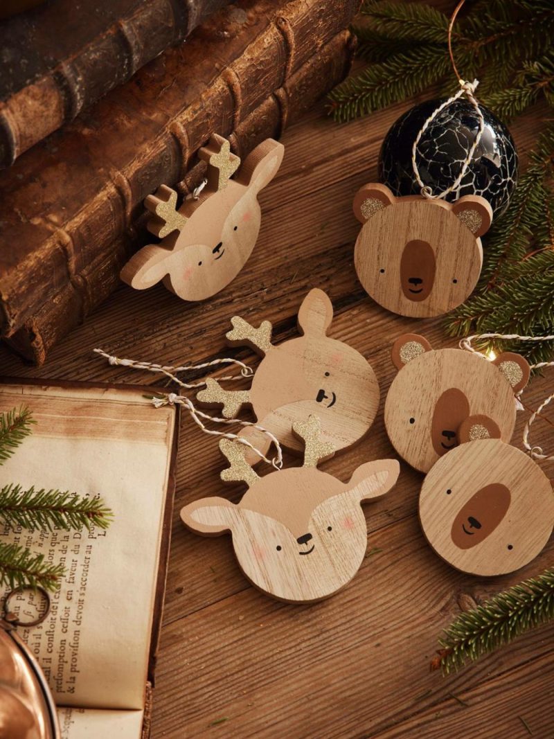 Set Of 6 Flat Christmas Baubles In Wood Bedding & Decor Multi