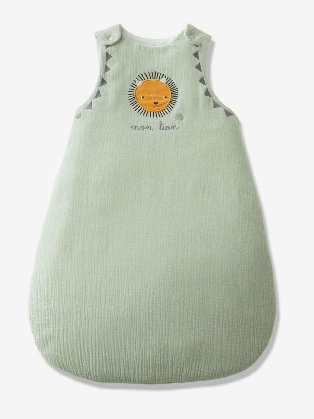 Sleeveless Baby Sleep Bag In Cotton Gauze, “Mon Lion” Baby Bedding Green