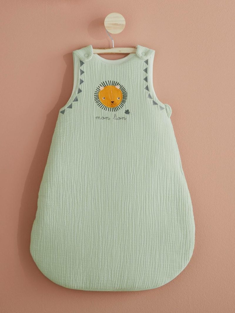 Sleeveless Baby Sleep Bag In Cotton Gauze, “Mon Lion” Baby Bedding Green