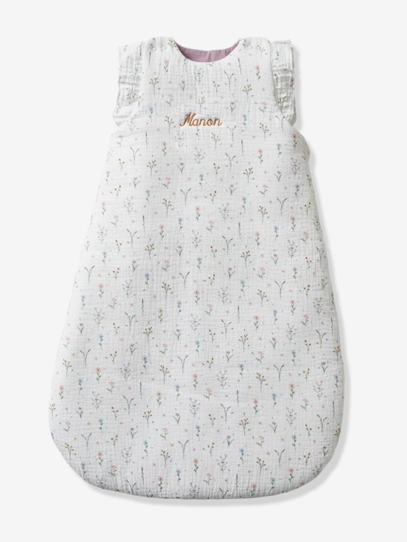 Sleeveless Baby Sleep Bag In Cotton Gauze, Sweet Provence Baby Bedding White Light All Over Printed