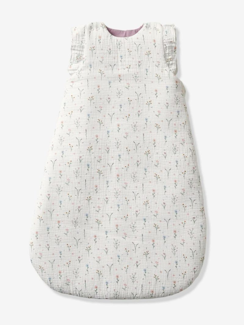 Sleeveless Baby Sleep Bag In Cotton Gauze, Sweet Provence Baby Bedding White Light All Over Printed