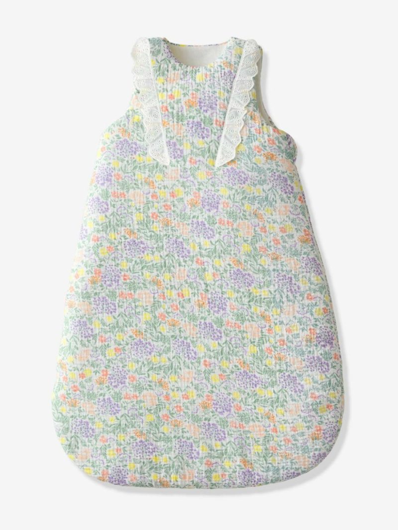 Sleeveless Baby Sleeping Bag In Cotton Gauze, Countryside Baby Bedding Printed White