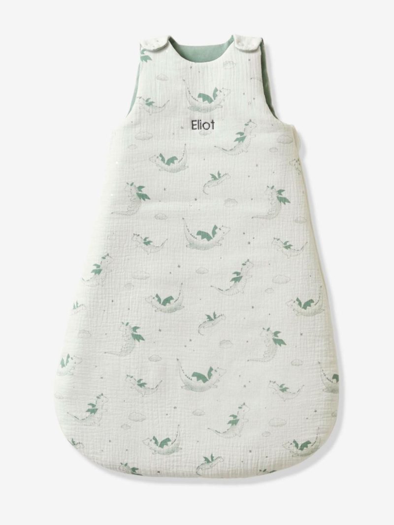 Sleeveless Baby Sleeping Bag In Cotton Gauze, Dragon Baby Bedding Printed White