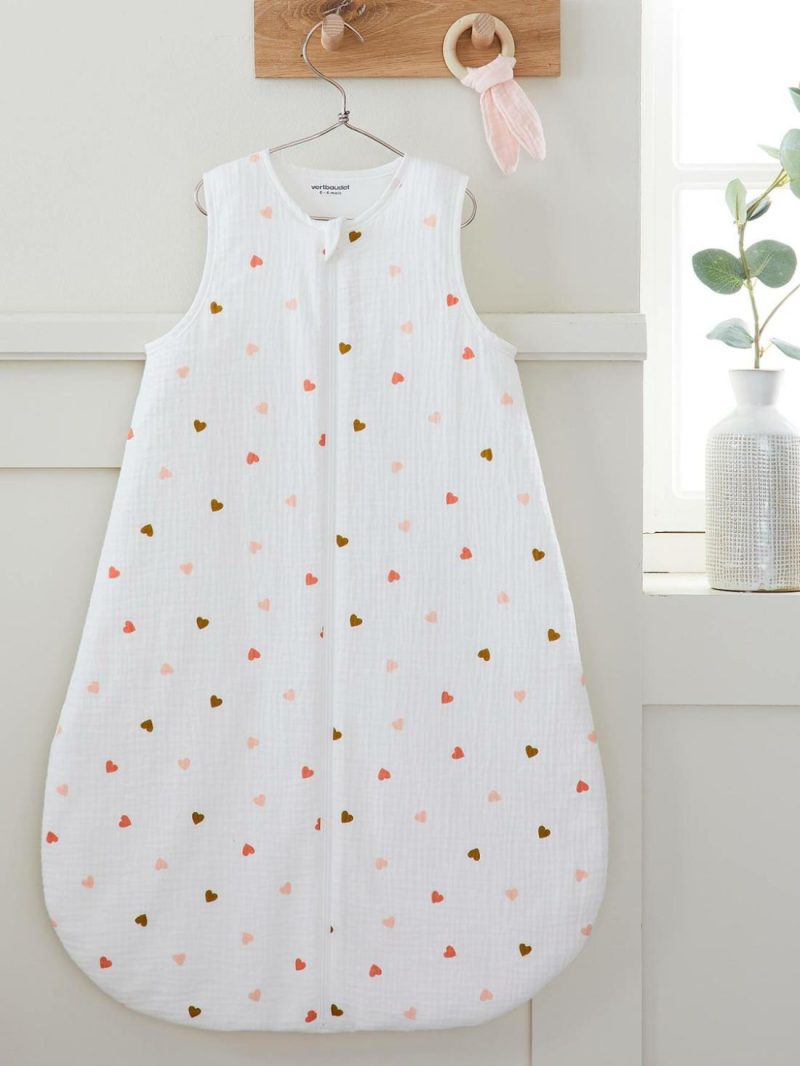 Summer Special Baby Sleep Bag In Cotton Gauze, With Opening In The Middle, Small Hearts Baby Bedding White Light All Over Printed