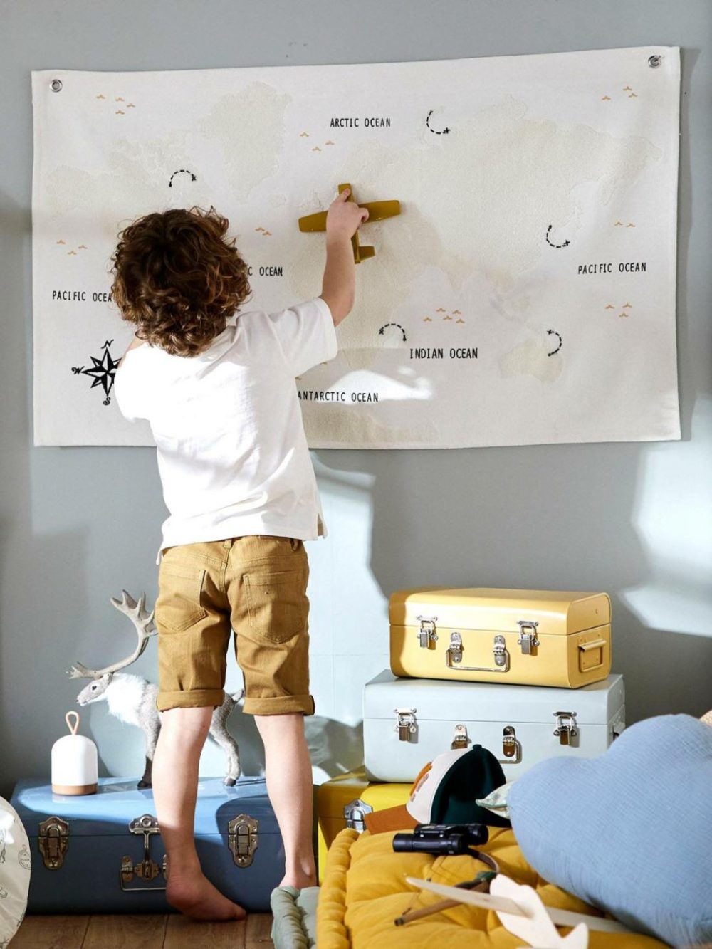 World Map Mural In Fabric Bedding & Decor Beige Light Solid With Design