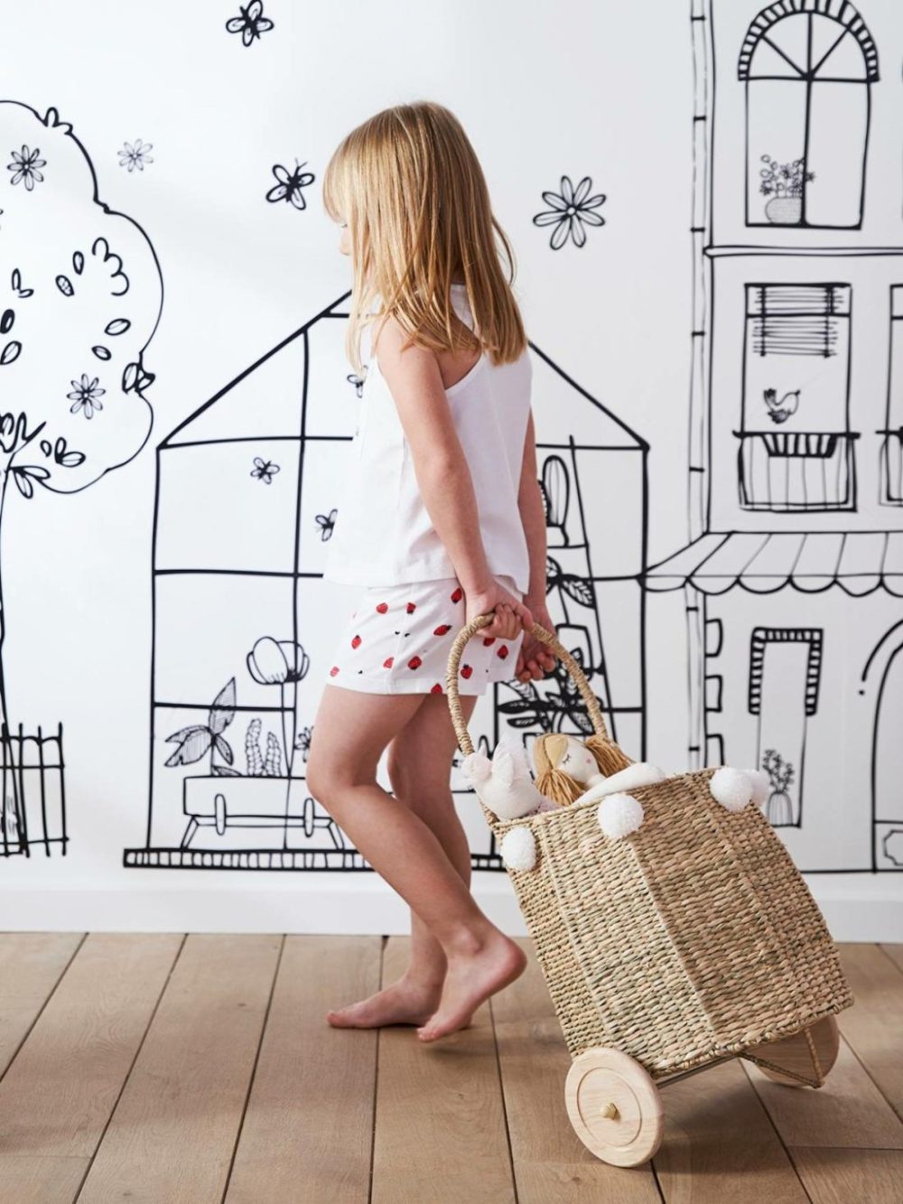 Wicker Shopping Basket With Castors Role Play Toys White